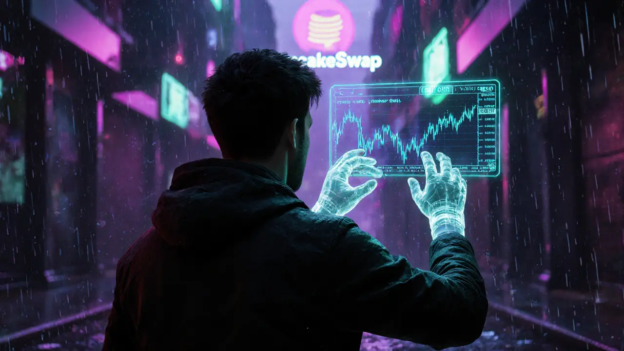 Trader using holographic AR interface to swap CRP on a cyber‑exchange.