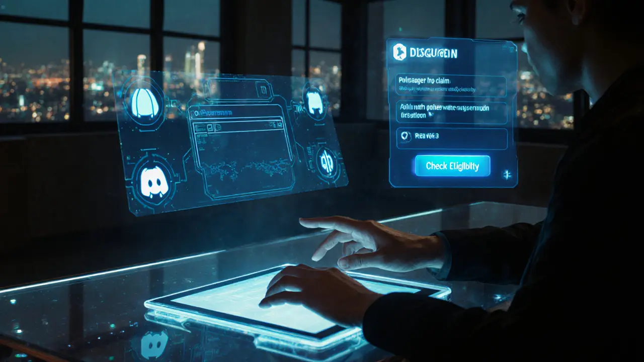 User claims Polqueen NFT using holographic Web3 wallet and Discord interface in a cyberpunk loft.