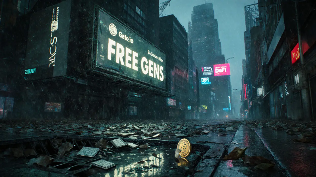 A broken &#039;FREE GENS&#039; billboard in a rainy cybercity, tokens rolling into a drain.