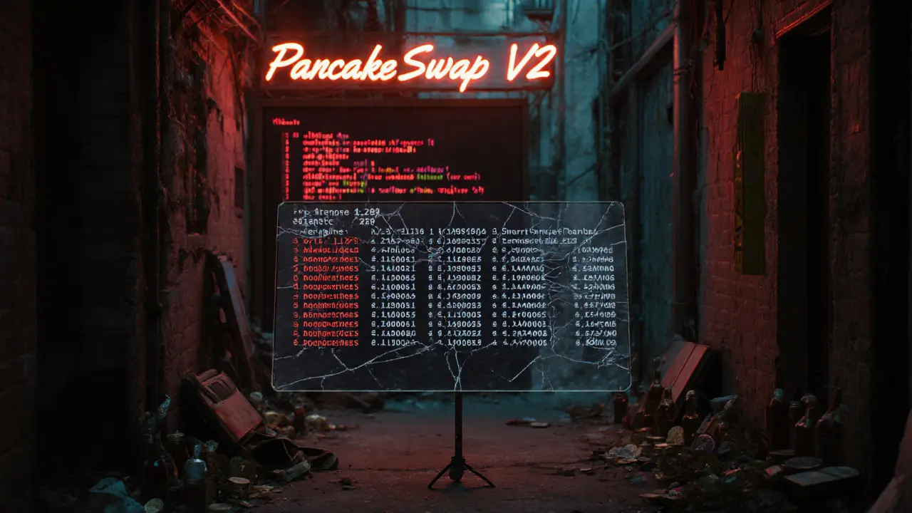 A cracked AR display showing only 1,287 wallets holding DADDYDOGE, surrounded by abandoned crypto gear.