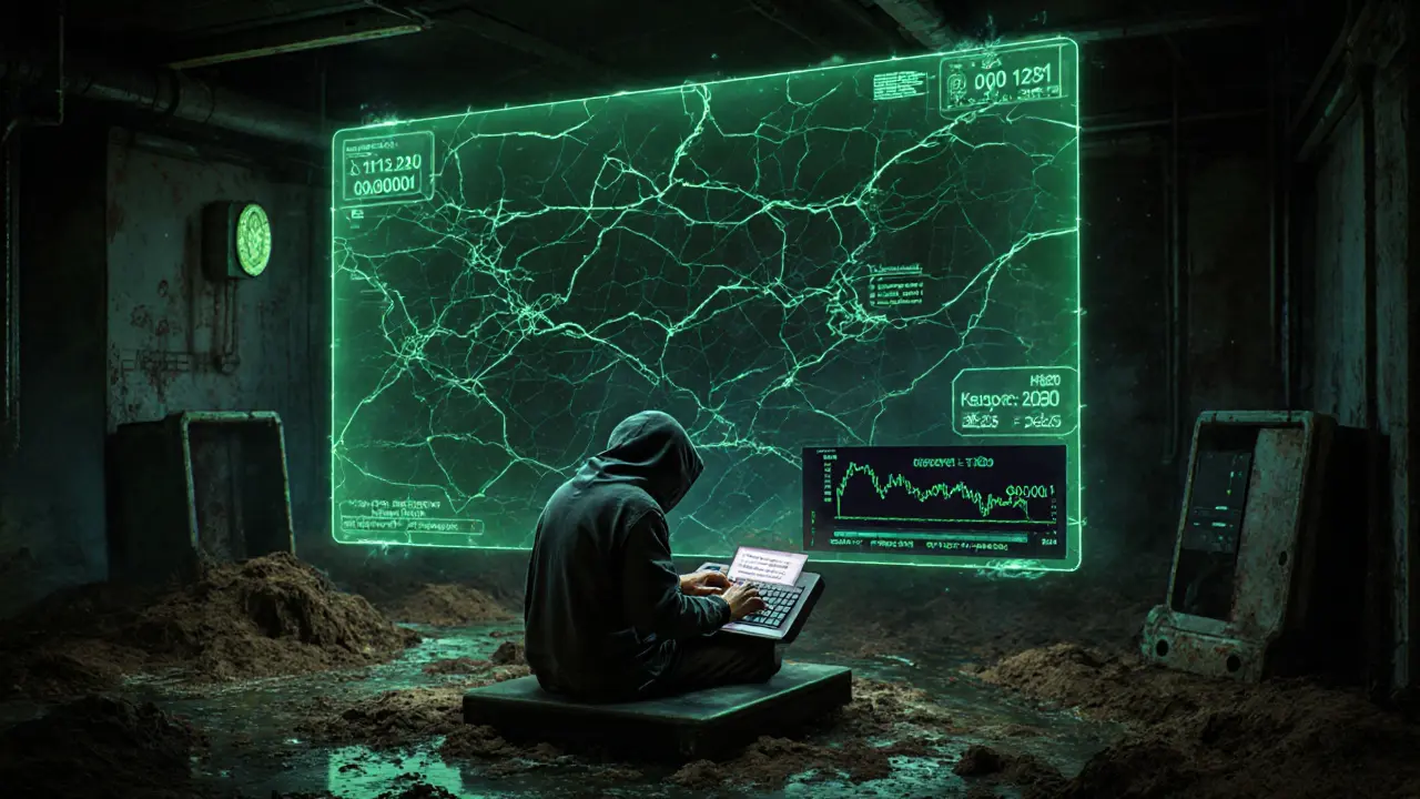 A cracked holographic roadmap above a dead blockchain node, with plummeting price data.