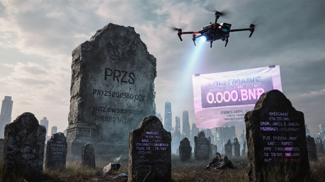 A decaying blockchain monument in a data graveyard, surrounded by tombstones of abandoned wallets.