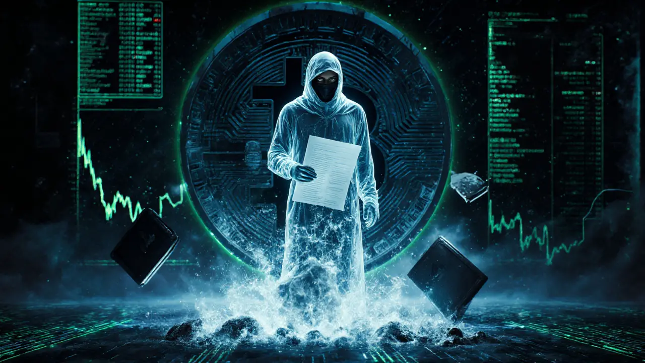 A ghostly developer watching their whitepaper turn to ash as a quadrillion-token supply burns in a dead wallet.