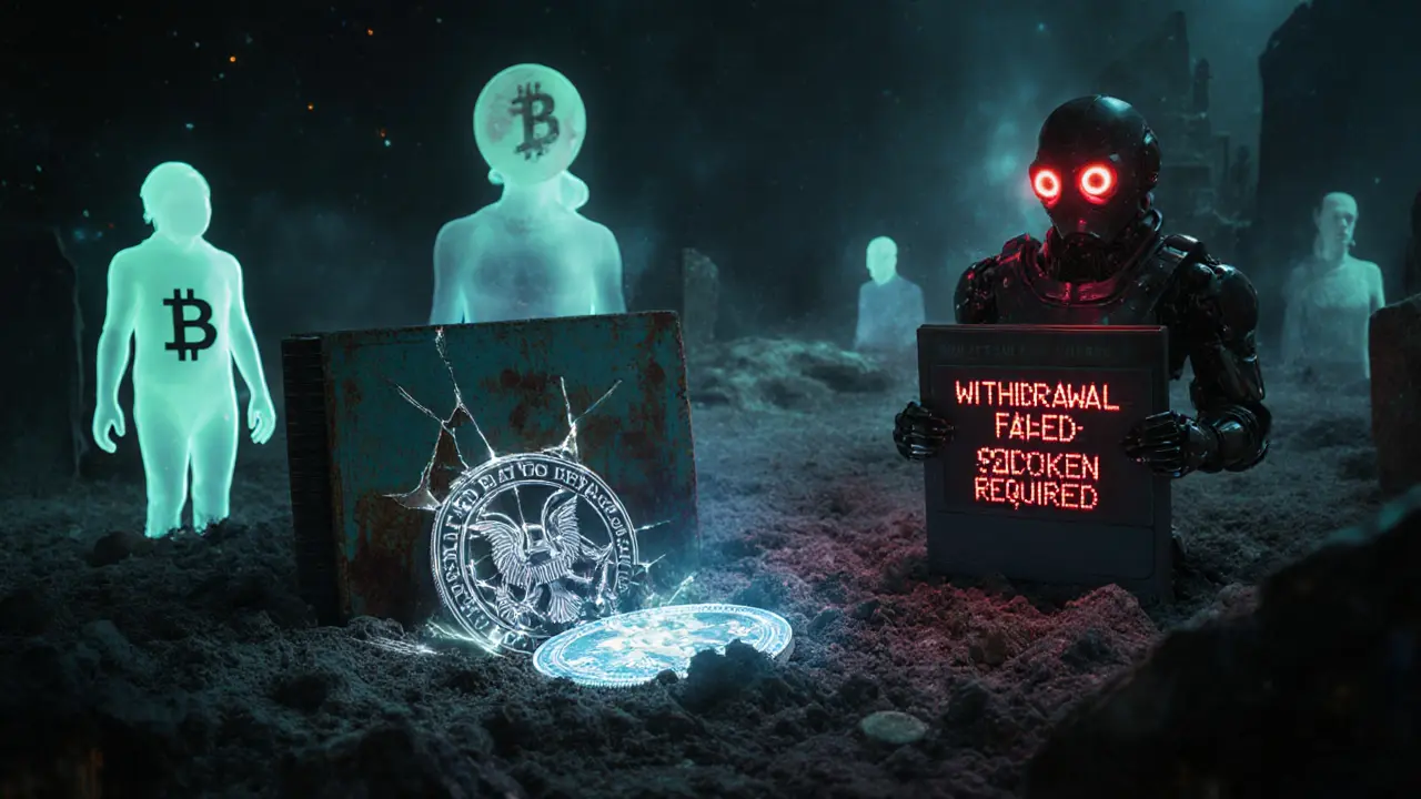 A graveyard of dead crypto tokens with UPTOS sinking into digital ash as an SEC robot scans its low market cap.