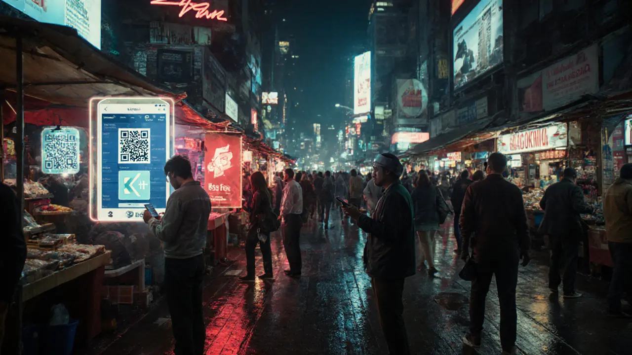 A neon marketplace with users launching custom crypto exchanges via DexKit in a futuristic city.