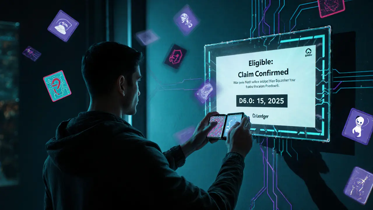 A person connecting a hardware wallet to a neural interface while an eligibility confirmation glows on a screen.