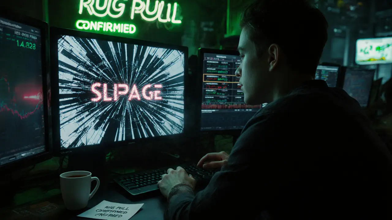 A trader in a neon-lit cafe faces a crashing PRZS trading interface with high slippage alerts.