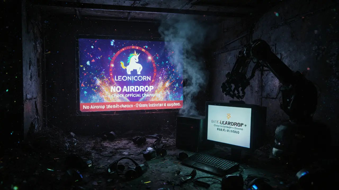 Abandoned crypto hub with official Leonicorn Swap notice on a flickering screen amid fake airdrop billboards.