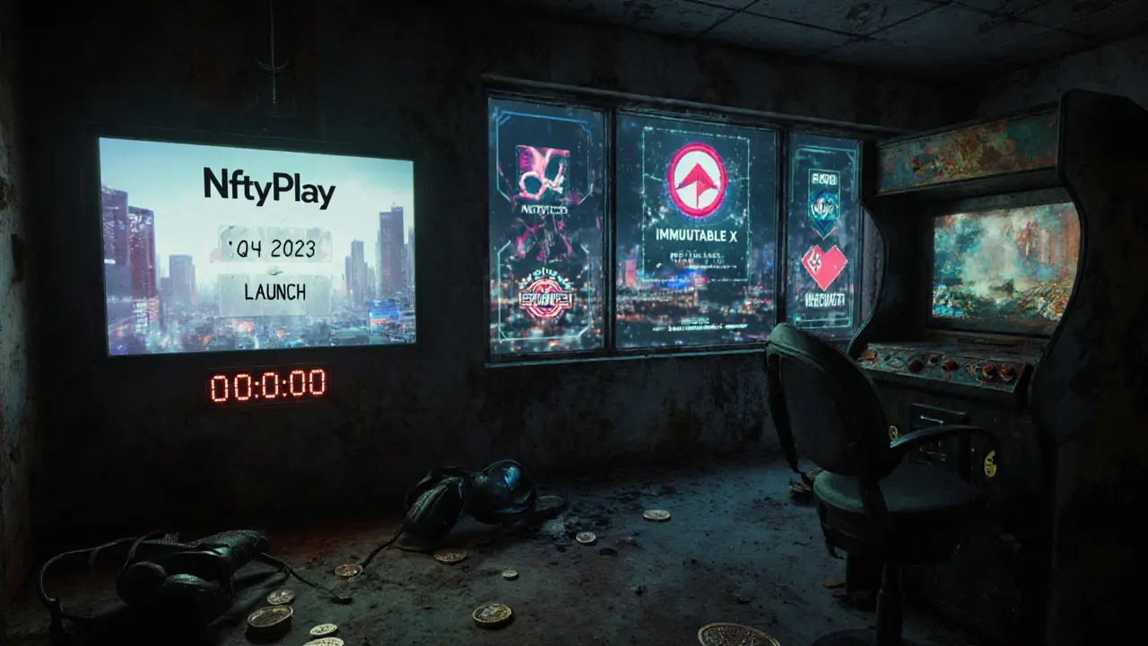 Abandoned gaming arcade with frozen &#039;Q4 2023 LAUNCH&#039; countdown and drifting POLO tokens like ash.