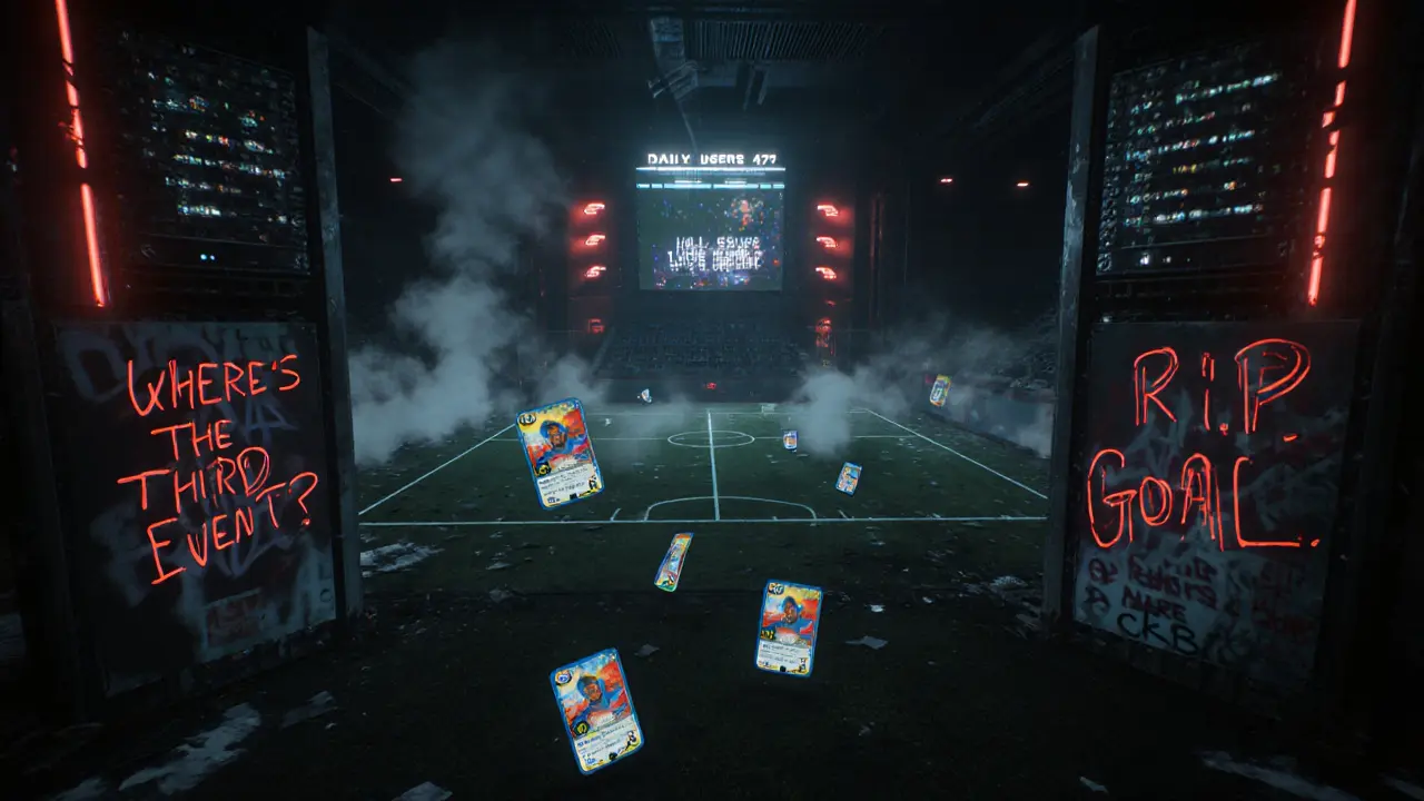 Abandoned metaverse football field with floating NFT cards and flickering &#039;0 Active Users&#039; scoreboard.