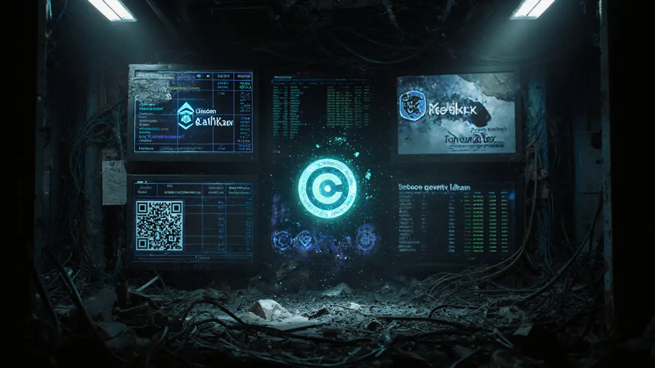 Abandoned server room with flickering charity dashboard, frozen blockchain data, and a useless floating CHY token.