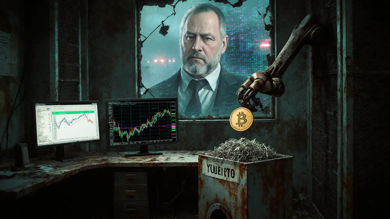 Abandoned trading floor with collapsing YOTO charts and a robot shredding a single token.