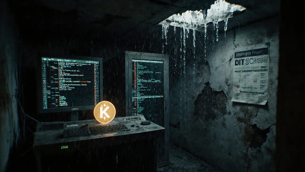 An abandoned server room with failing DexKit systems and a lone glowing KIT token spinning in the dark.