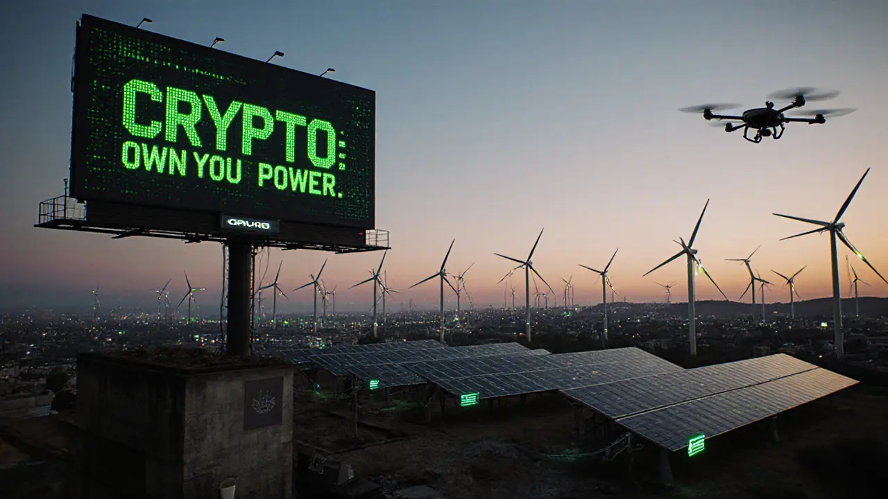 Cityscape showing aging coal grid alongside modern renewable-powered mining hubs under a neon &#039;OWN YOUR POWER&#039; sign.
