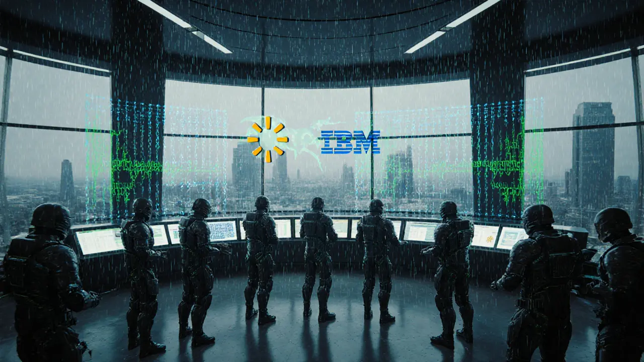 Corporate PBFT control room with armored validators and synchronized node grid.