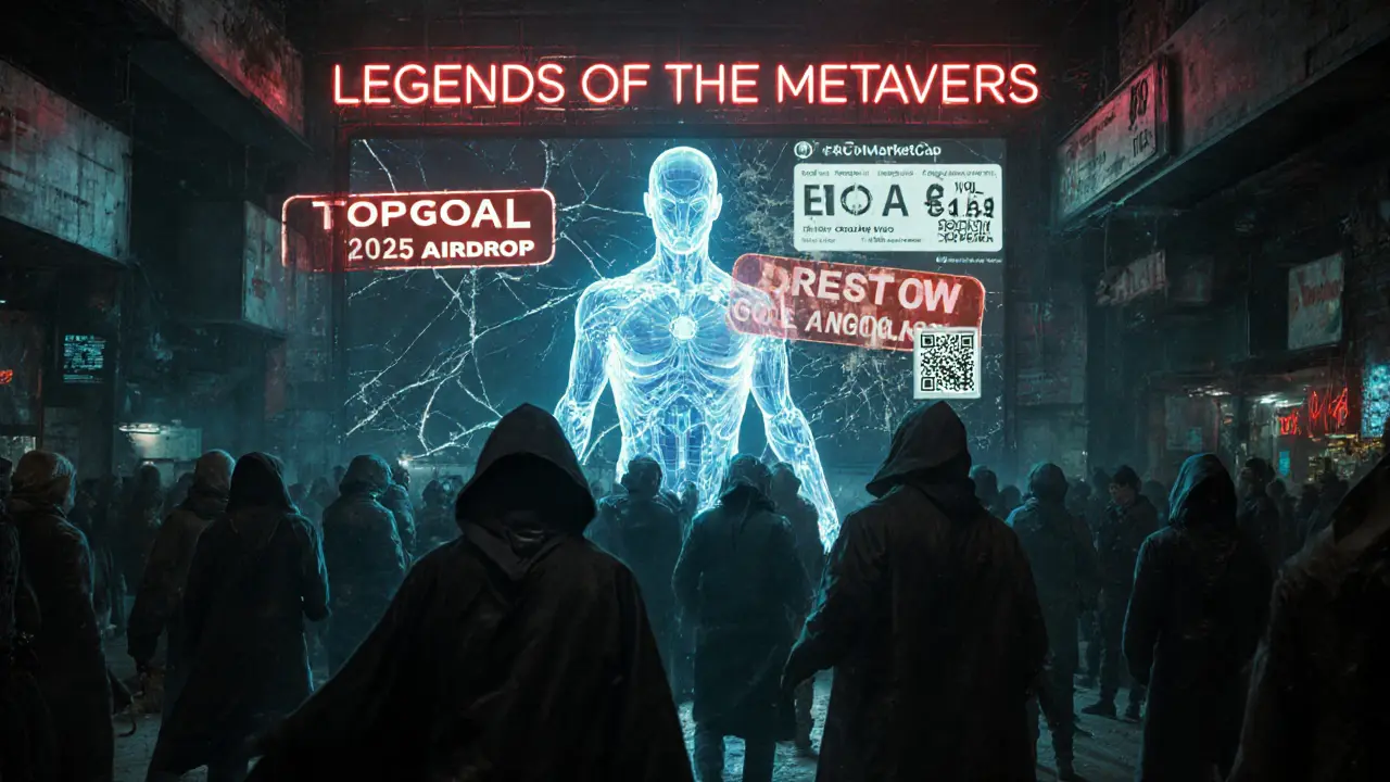 Cyberpunk scammer projects fake airdrop banners over a dark data bazaar with real crypto stats glowing behind.