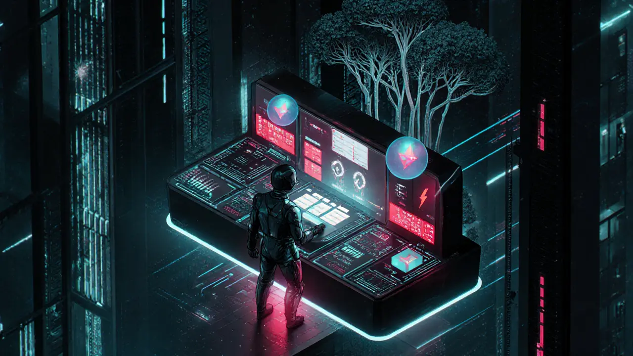 Cyberpunk validator staking ETH with floating vote orbs and digital tree growth.