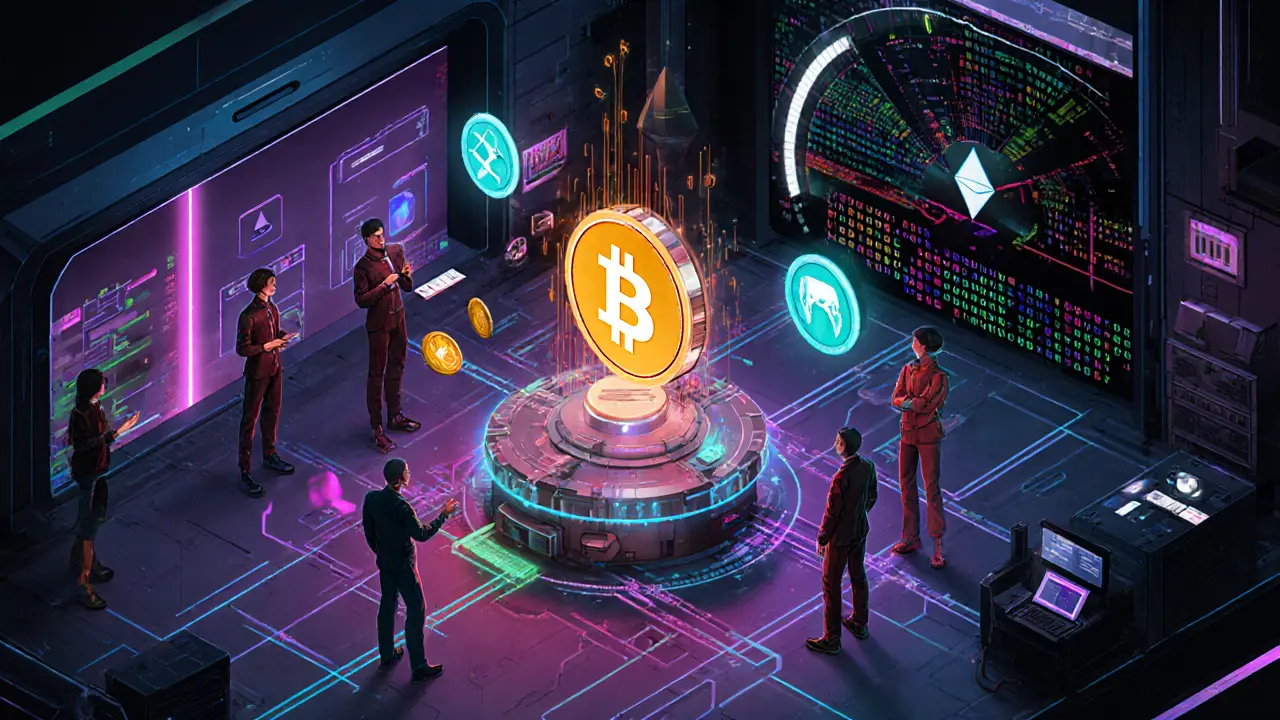 DeFi trading floor with six blockchain chains and a central SUSHI token emitting reward pulses.