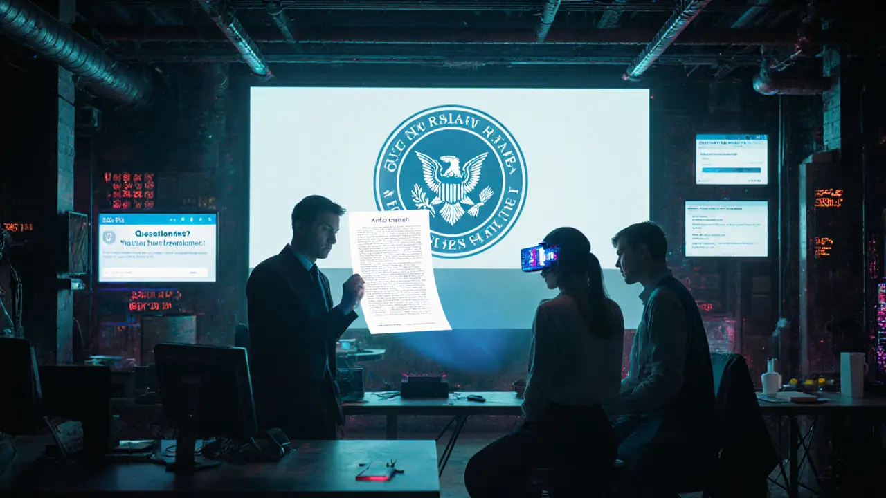 Developers analyzing a token’s blockchain with a neural interface, Howey Test flags visible under a glowing whitepaper.