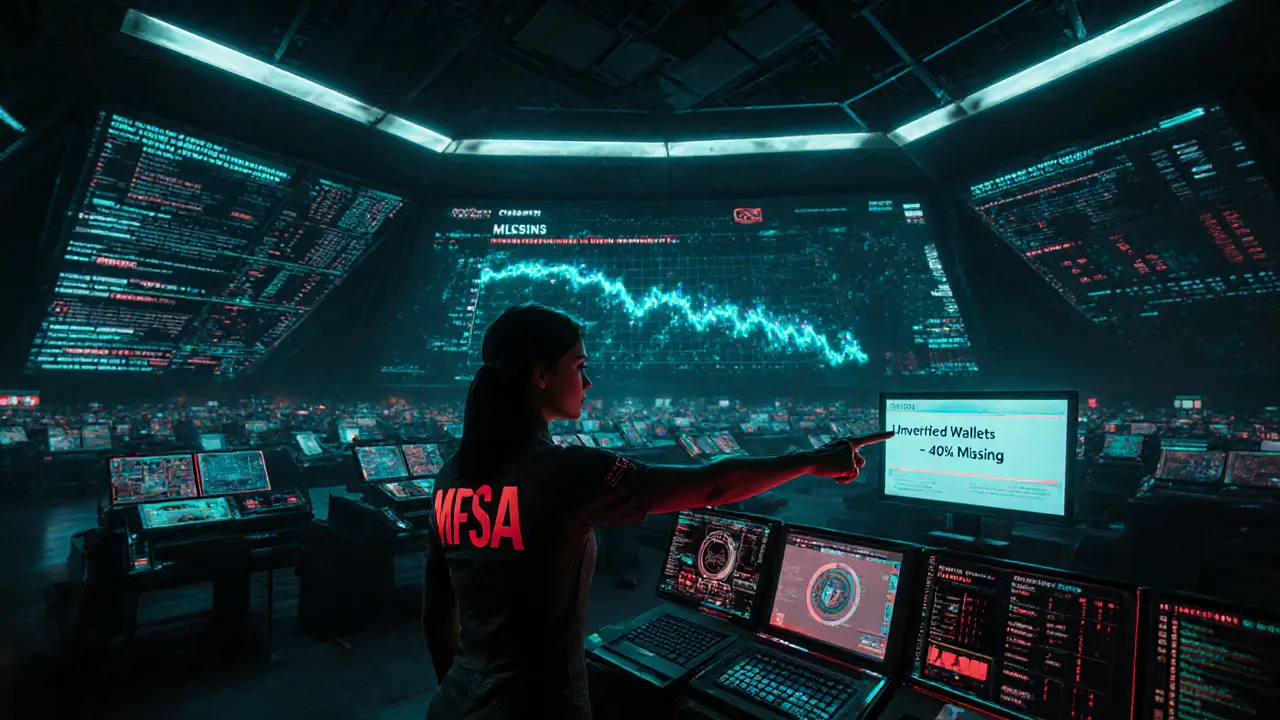 Digital command center displaying real-time crypto compliance data under Malta&#039;s ancient walls.