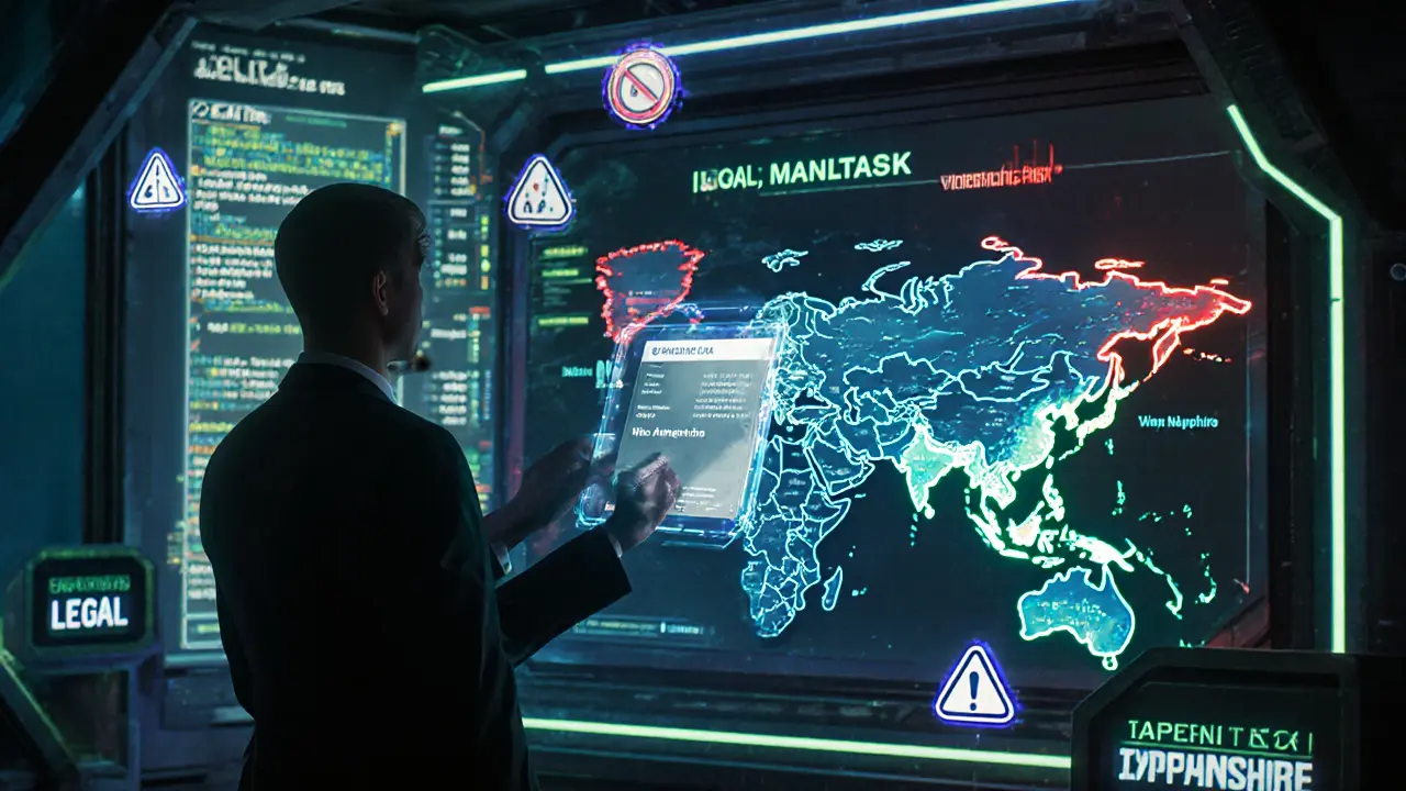 Digital legal registry chamber displaying global DAO status map with Wyoming, New Hampshire, and Malta highlighted.