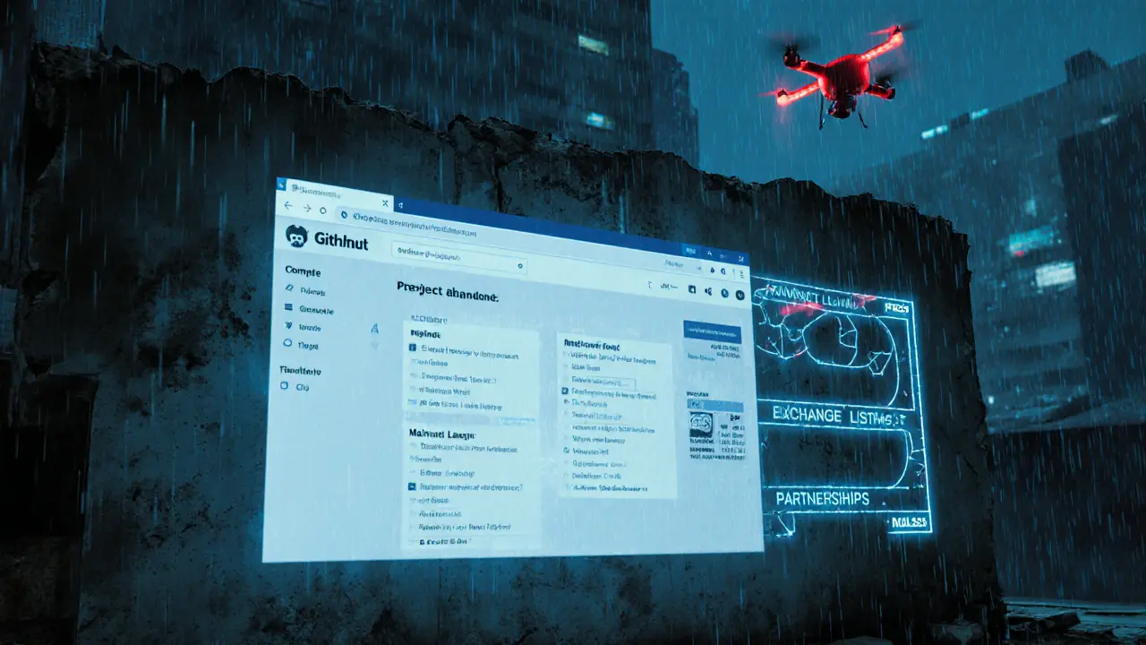 Empty GitHub repo with ghosted commits and abandoned roadmap hologram in a dystopian city.
