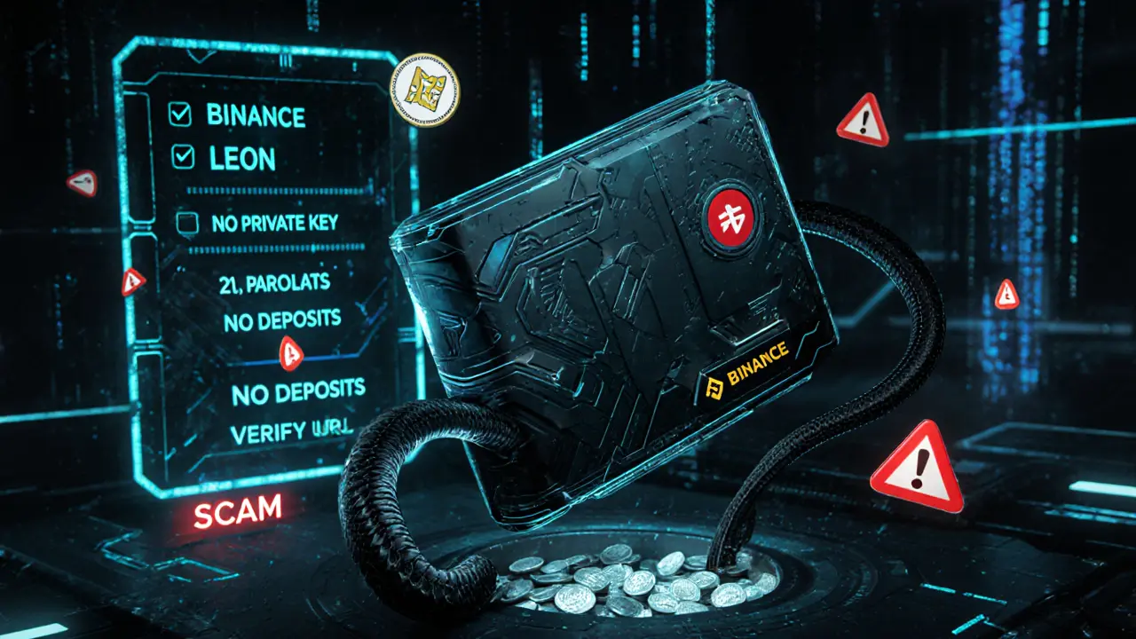 Floating crypto wallet being drained by malware tendrils with safety warning icons glowing nearby.