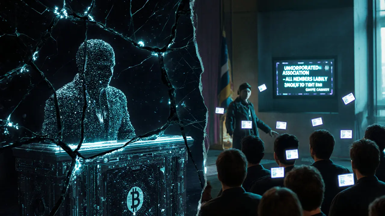 Fractured courtroom with faceless DAO entity and token holders summoned under a &#039;Code Is Not Law&#039; neon sign.