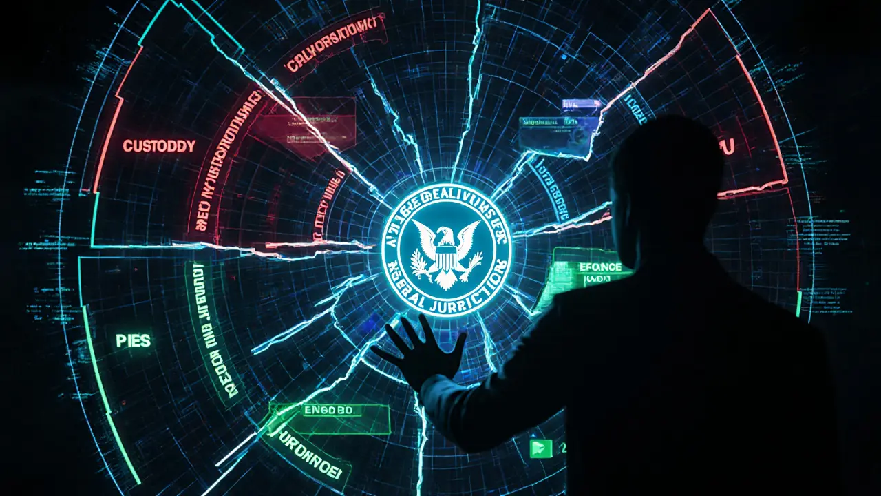 Framed holograms of five crypto compliance zones with conflicting state and federal regulations glowing in cyberpunk style.