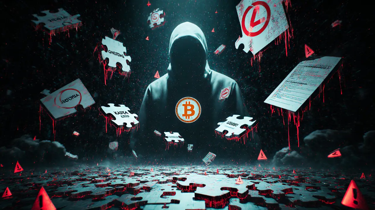 Glitching digital shrine with ghostly cryptographer and floating blockchain labels in a static void.