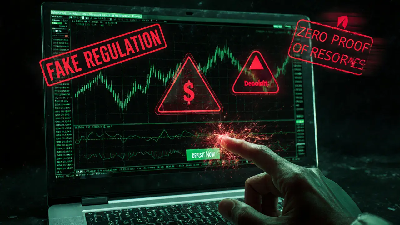 Glitching fake trading interface with red scam warnings floating above zero-activity blockchain data.