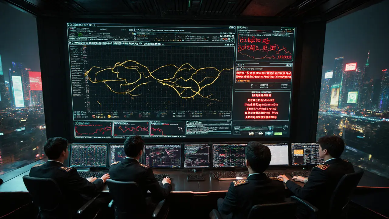 Government control room with massive screen tracking digital yuan transactions and blocking Bitcoin activity.