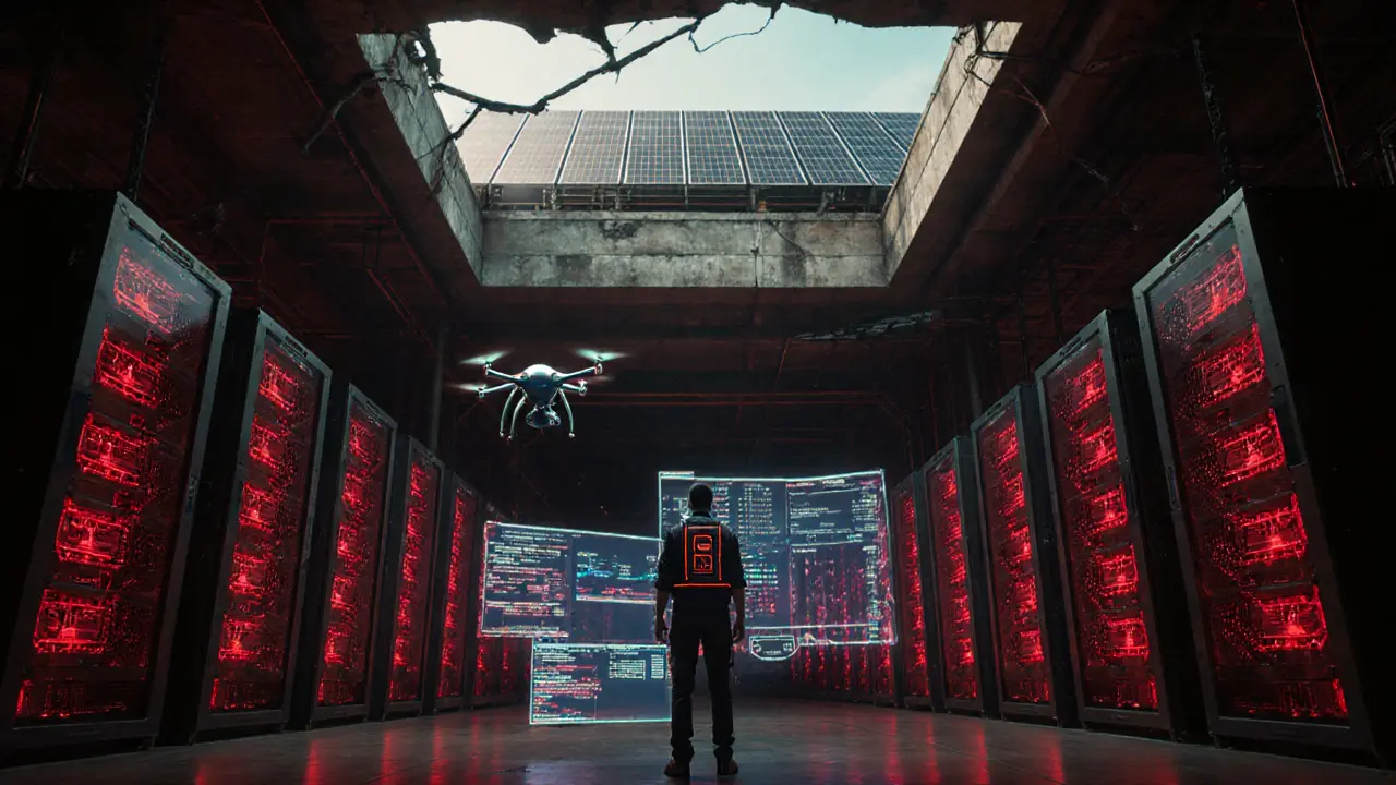 Hidden underground mining farm powered by solar panels, with technician monitoring blockchain energy logs.