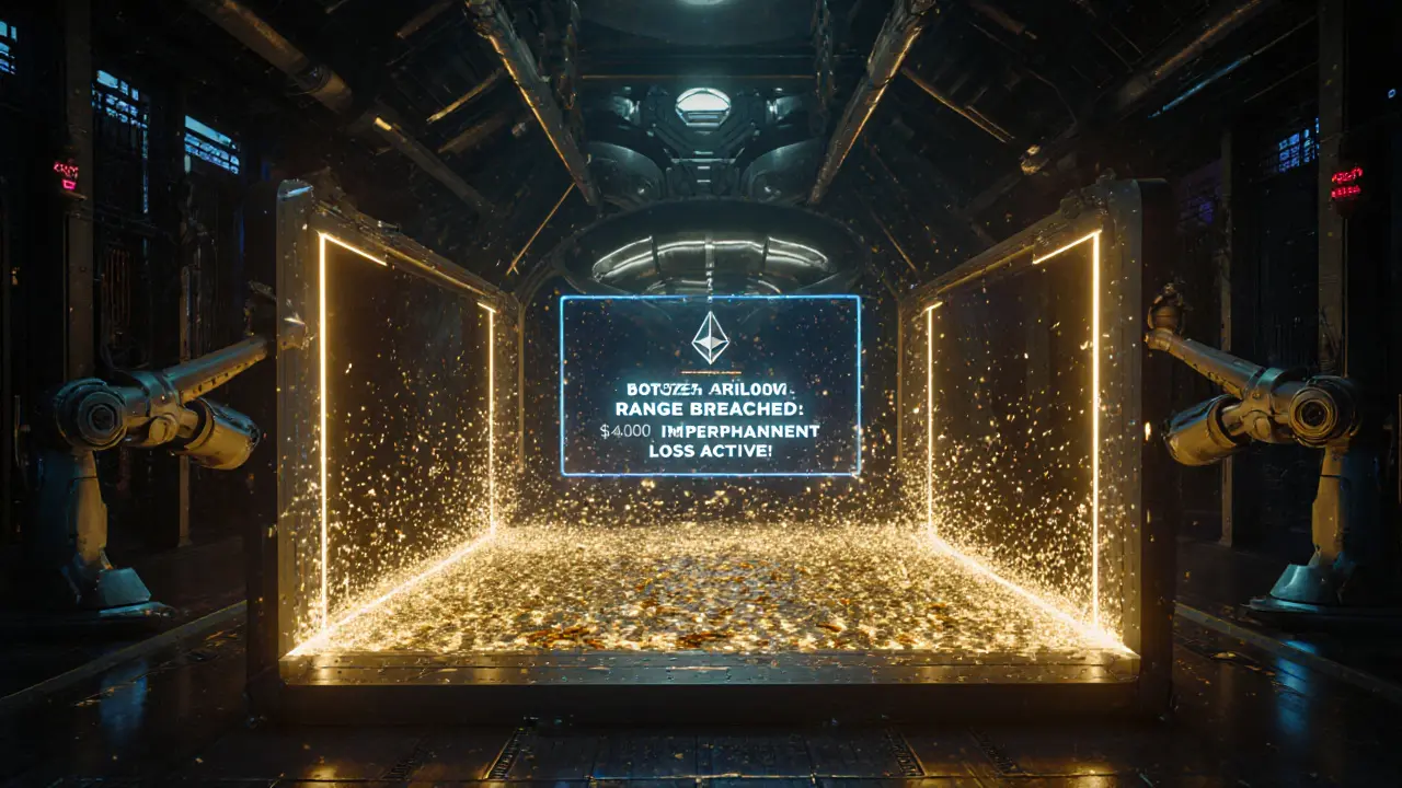 Kinetic sculpture showing concentrated liquidity between price boundaries, with tokens dissolving outside the range.