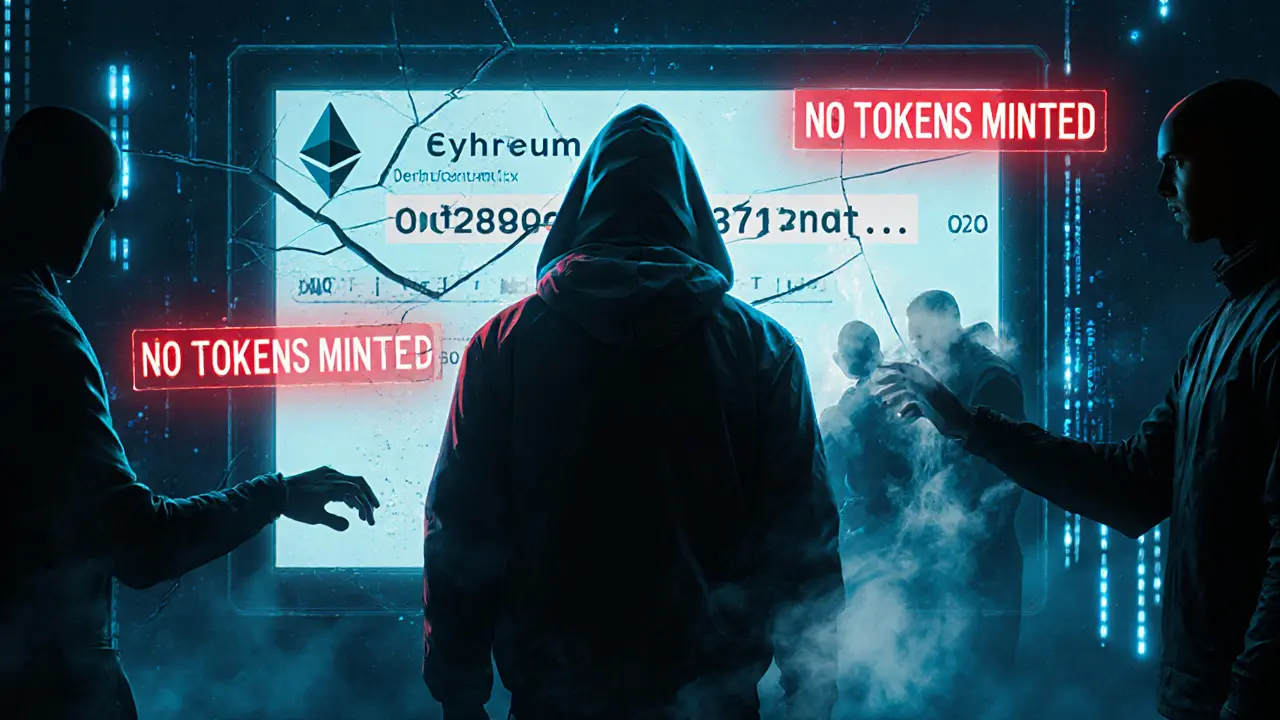 Person facing a blank Ethereum contract display with ghostly token pop-ups dissolving into smoke.