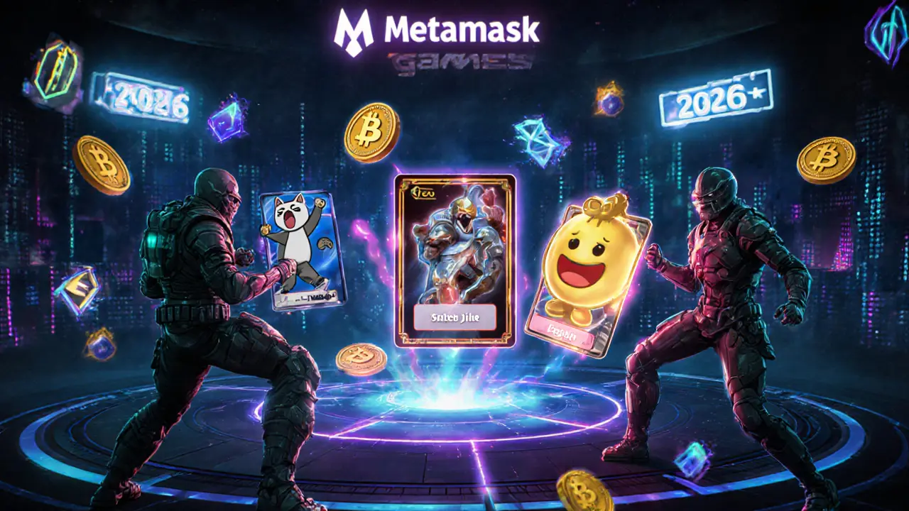 Players in a neon-lit holographic arena battling with meme-themed NFT trading cards surrounded by LOCG tokens.