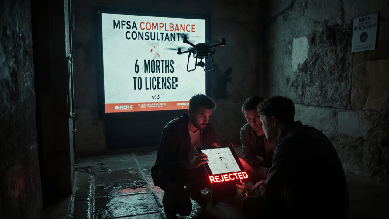Startup founders facing a rejected whitepaper in a dim alley with a compliance ad glowing outside.