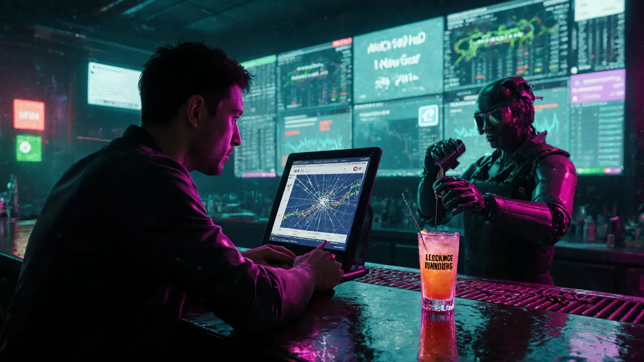 Trader facing a crashing SOLVEX chart in a neon-lit underground crypto den.