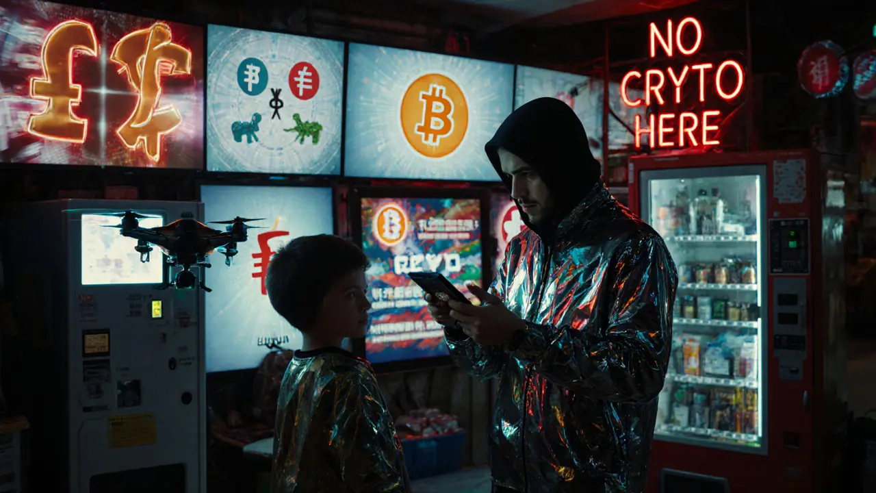 Underground hacker trading Bitcoin while digital yuan dominates the background in a cyberpunk city.