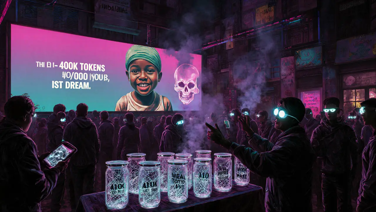 Underground market stall selling worthless CHY tokens as novelty items, surrounded by glitching digital illusions.