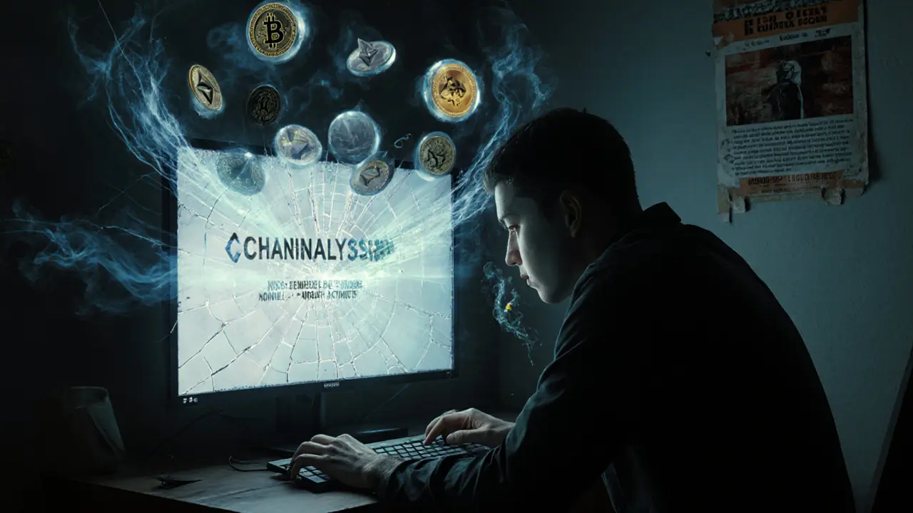 Victim in dim room facing frozen withdrawal screen as stolen crypto spirals into a void.