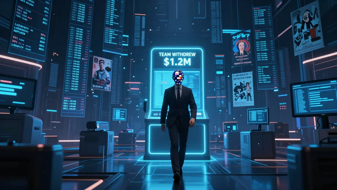 A corporate figure walks away from a terminal marked 'TEAM WITHDREW' amid failing crypto transactions.