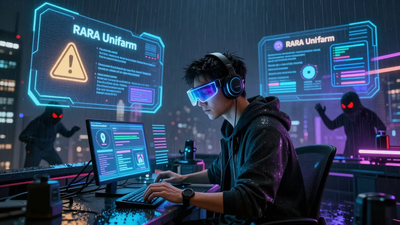 A crypto user in AR gear farming NFTs on a rooftop, with official Discord alerts and scam bots lurking in the shadows.