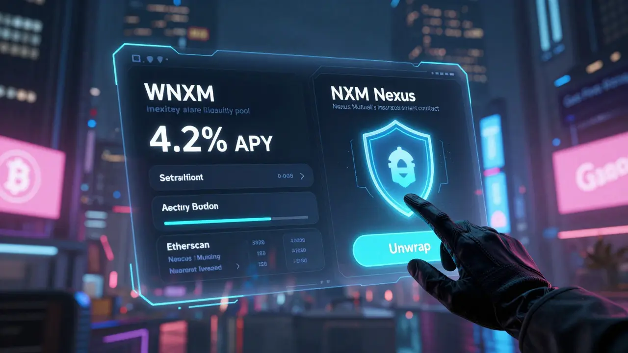 A digital wallet interface showing WNXM earning yield on one side and NXM secured in insurance on the other, with transaction logs floating nearby.