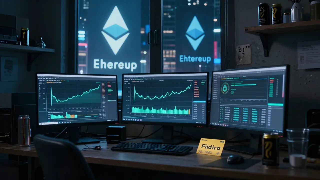 A dim room with a monitor showing FID's tiny price, an unopened gift card on the desk, and giant crypto ads outside the window.