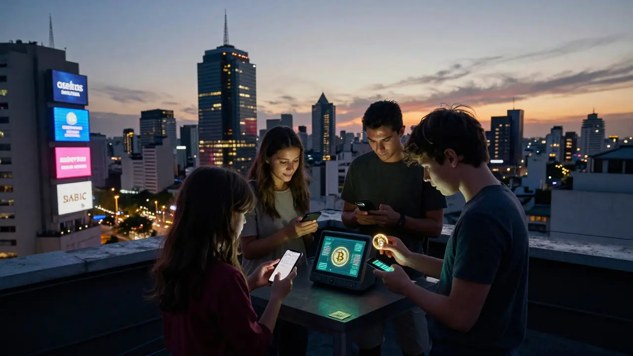 A family transfers Bitcoin to family abroad on a rooftop as the city&#039;s failing banks fade behind them.