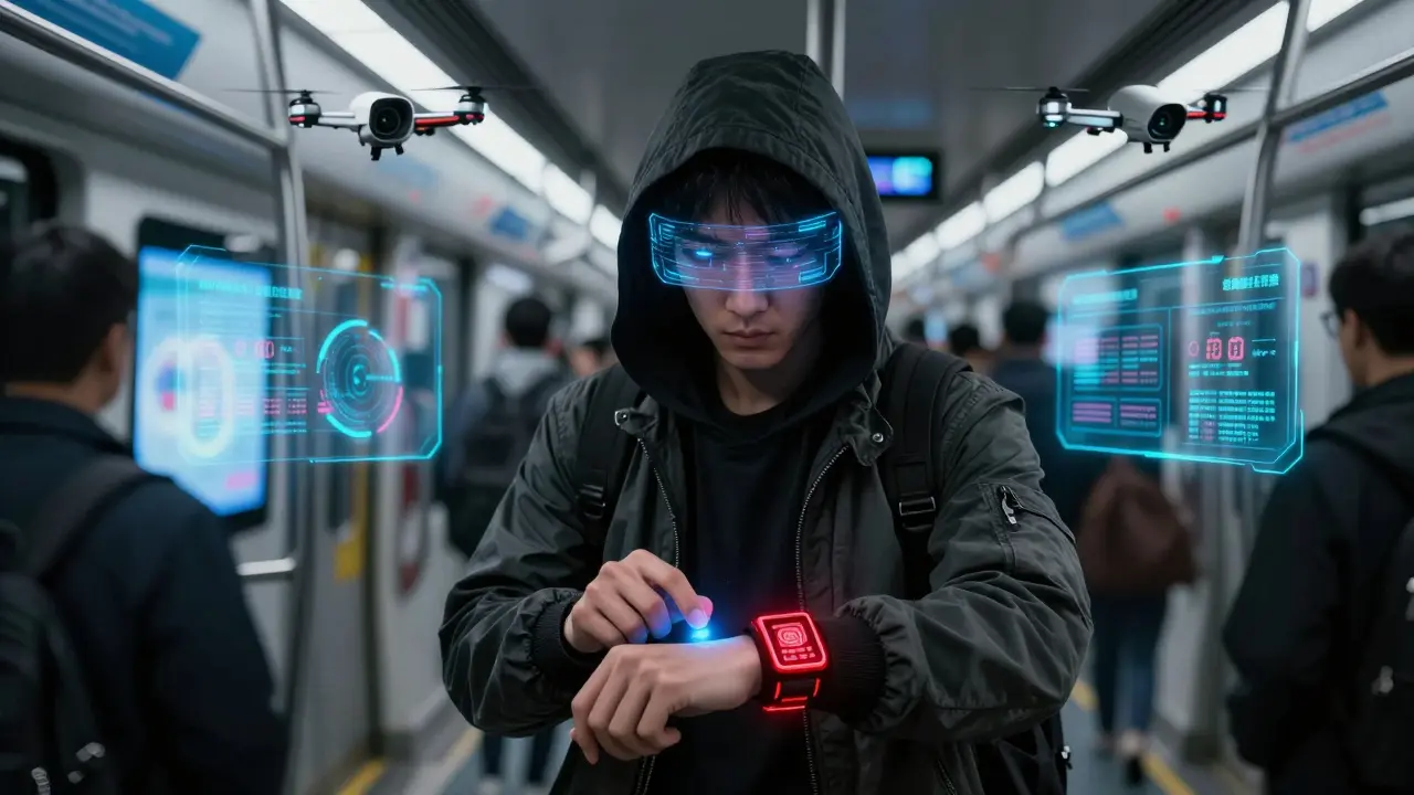 A figure in a subway is scanned by invisible AI surveillance while digital yuan ads pulse around them.