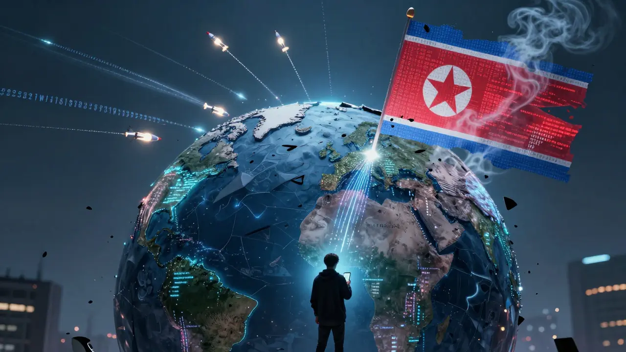 A fractured globe shows crypto theft trails leading to North Korea, with missile paths made of blockchain data and a person clicking a malicious link.