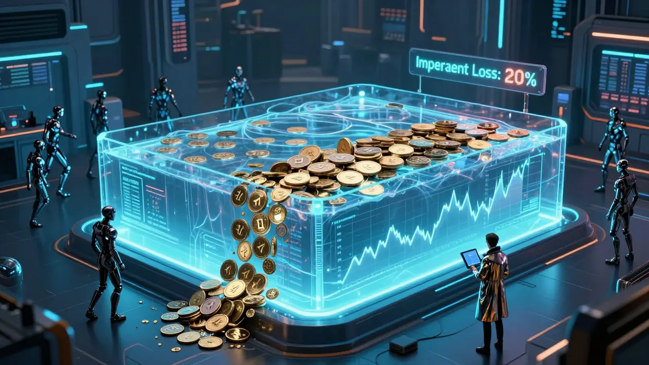 A glowing liquidity pool rebalancing ETH and DAI in a futuristic trading hub, with a 20% loss warning.