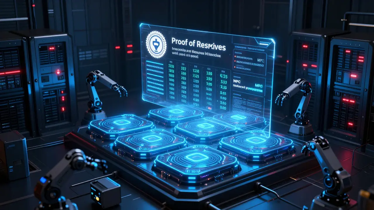 A high-security server hub with glowing MPC nodes and live on-chain Proof of Reserves.